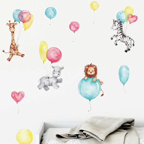 Watercolor Cartoon Animal Balloon Wall Stickers Removable PVC Decals For Kids Room Nursery Bedroom Home Wall Decor