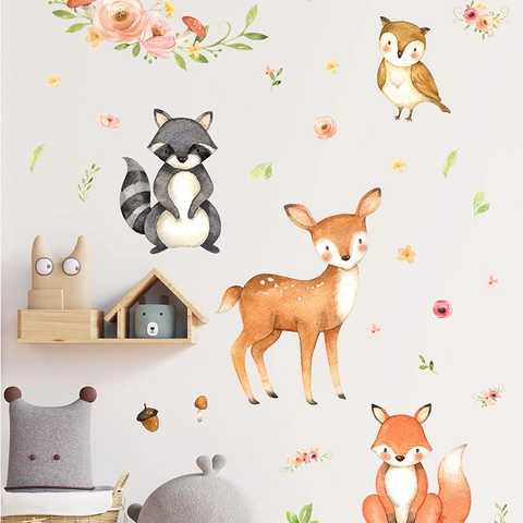 Watercolor Cartoon Forest Animal Wall Stickers For Kids Room Nursery Decor PVC Self-Adhesive Fox Deer Owl Flower Wall Decal
