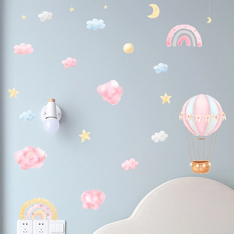 Adesivo Murale Mongolfiera e Nuvole Acquerello PVC Autoadesivo Arcobaleno Stelle Murales per Cameretta Bambini Casa Decorazione