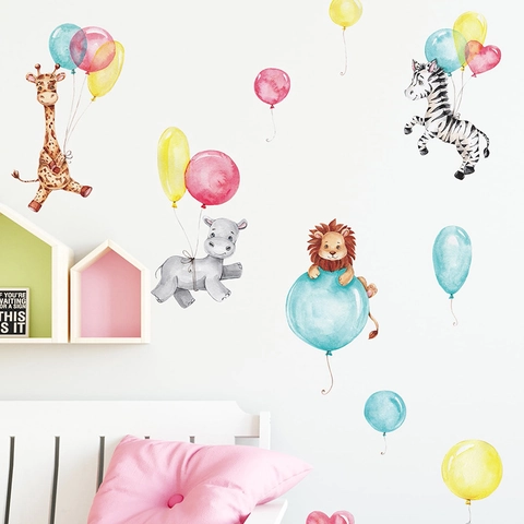 Watercolor Cartoon Animal Balloon Wall Stickers Removable PVC Decals For Kids Room Nursery Bedroom Home Wall Decor
