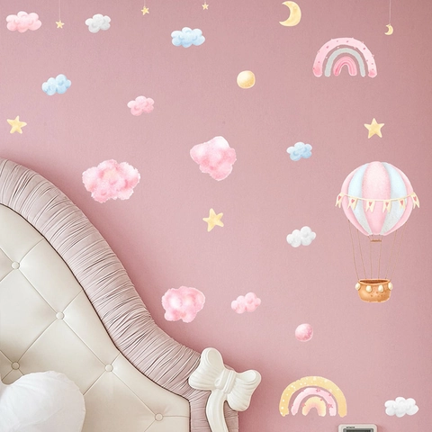 Adesivo Murale Mongolfiera e Nuvole Acquerello PVC Autoadesivo Arcobaleno Stelle Murales per Cameretta Bambini Casa Decorazione
