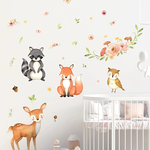 Watercolor Cartoon Forest Animal Wall Stickers For Kids Room Nursery Decor PVC Self-Adhesive Fox Deer Owl Flower Wall Decal