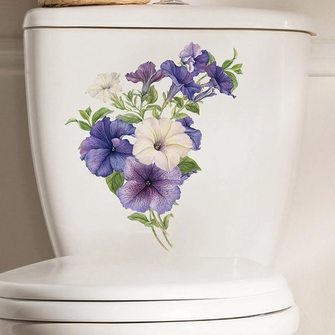 Petunien Blume Schmetterling Toilettenaufkleber Wasserdicht PVC Wandtattoo Für Badezimmer Deko Selbstklebend Floral Aufkleber