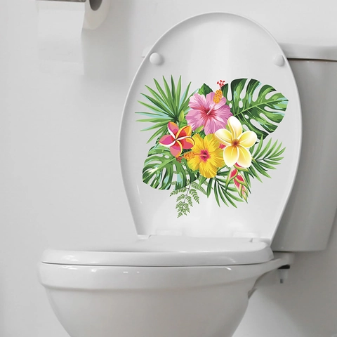 Tropische Pflanzen Hibiskus Blume Toilettenaufkleber Abnehmbar Wasserdicht PVC Badezimmer Wandtattoo Für Home Decor
