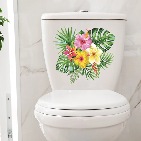 Tropische Pflanzen Hibiskus Blume Toilettenaufkleber Abnehmbar Wasserdicht PVC Badezimmer Wandtattoo Für Home Decor