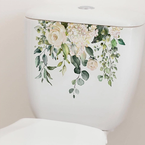 Watercolor Tropical Green Plant Flower Leaf Toilet Sticker Self Adhesive PVC Bathroom Home Decor Wall Decal