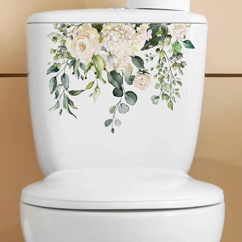 Watercolor Tropical Green Plant Flower Leaf Toilet Sticker Self Adhesive PVC Bathroom Home Decor Wall Decal
