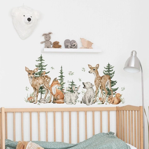 Watercolor Forest Animals Wall Sticker Removable PVC Elk Fox Pine Tree Decals For Kids Nursery Room Home Decor