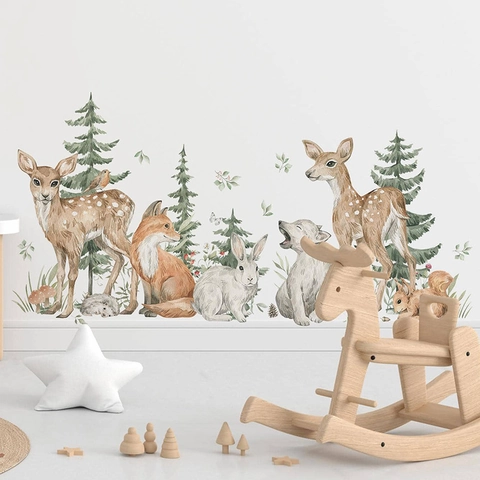 Watercolor Forest Animals Wall Sticker Removable PVC Elk Fox Pine Tree Decals For Kids Nursery Room Home Decor