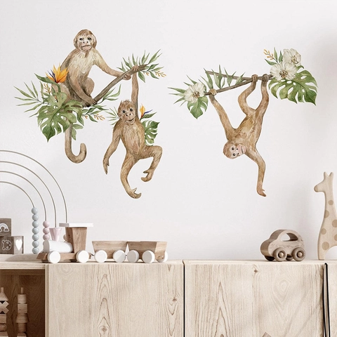 Watercolor Monkey Tropical Plants Wall Stickers For Kids Bedroom Nursery Decor PVC Jungle Animal Tree Decals DIY Wall Art