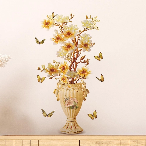 Vinilos Decorativos Jarrón Relieve Tridimensional Flor de Magnolia Mariposa Amarilla Adhesivo Decoración PVC Aspecto Cerámico