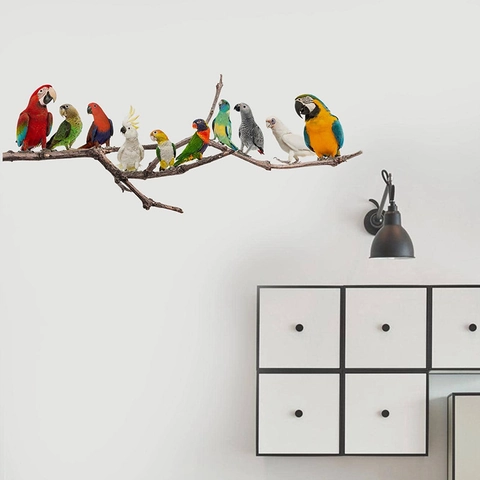 Stickers Muraux Perroquets Colorés Sur Une Branche Décalcomanies En PVC Amovibles Pour Chambre D'enfant Crèche Maison