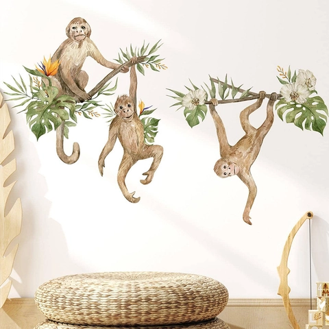 Pegatinas de Pared de Mono de Acuarela y Plantas Tropicales Calcomanías de PVC Autoadhesivas para Habitación de Niños Decoración