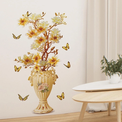 Vinilos Decorativos Jarrón Relieve Tridimensional Flor de Magnolia Mariposa Amarilla Adhesivo Decoración PVC Aspecto Cerámico