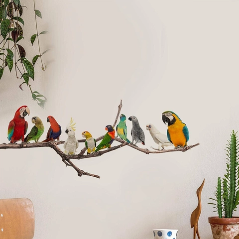 Stickers Muraux Perroquets Colorés Sur Une Branche Décalcomanies En PVC Amovibles Pour Chambre D'enfant Crèche Maison