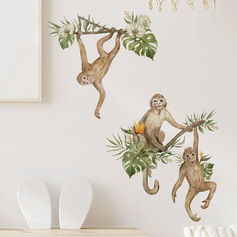 Pegatinas de Pared de Mono de Acuarela y Plantas Tropicales Calcomanías de PVC Autoadhesivas para Habitación de Niños Decoración