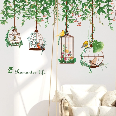 Tropical Green Plants Leaves Birdcage Birds Wall Sticker Removable PVC Self Adhesive Romantic Life Decals For Home Decor