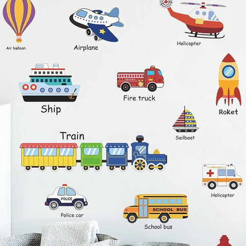 Kinderen Cartoon Transport Muurstickers PVC Kleurrijke Vliegtuig Auto Schip Raket Sticker Voor Kinderkamer Kinderdagverblijf Decoratie