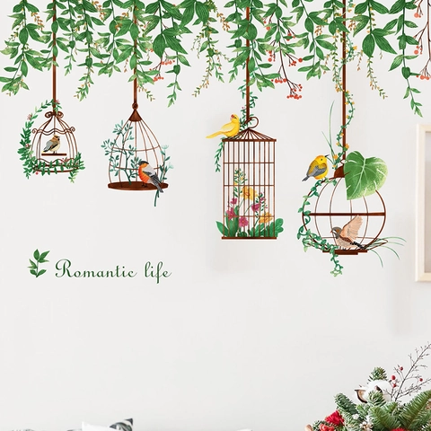 Tropical Green Plants Leaves Birdcage Birds Wall Sticker Removable PVC Self Adhesive Romantic Life Decals For Home Decor