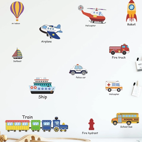 Kinderen Cartoon Transport Muurstickers PVC Kleurrijke Vliegtuig Auto Schip Raket Sticker Voor Kinderkamer Kinderdagverblijf Decoratie