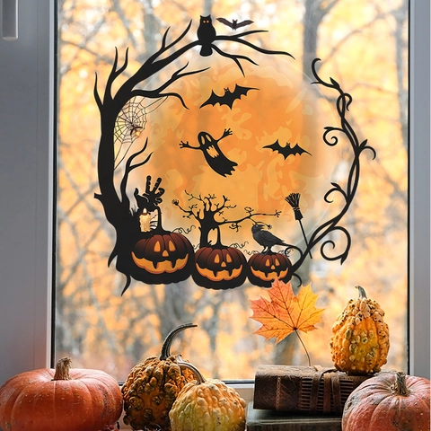 Halloween Pompoen Muursticker Griezelige Maan Silhouetten PVC Verwijderbare Sticker Voor Ramen Glas Huis Feest Decoratie