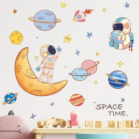 Cartoon Space Astronaut Wall Stickers For Kids Bedroom Planet Rocket Star DIY PVC Wall Decals Nursery Home Decor