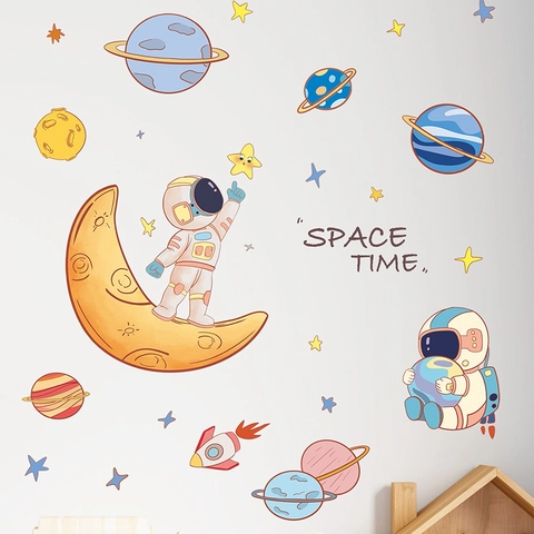 Cartoon Space Astronaut Wall Stickers For Kids Bedroom Planet Rocket Star DIY PVC Wall Decals Nursery Home Decor