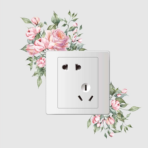 Adesivo per Interruttore con Fiori Rosa e Foglie Verdi Acquerello in PVC Impermeabile Autoadesivo per Soggiorno Camera da Letto