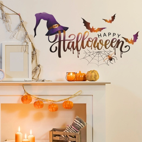 Αυτοκόλλητο Τοίχου Happy Halloween Καπέλο Μάγισσας Νυχτερίδα Ιστός Αράχνης PVC Αφαιρούμενο Αυτοκόλλητο για Σαλόνι Σπίτι Πάρτι