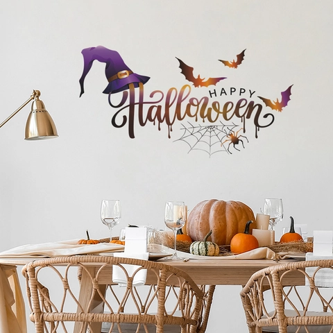 Αυτοκόλλητο Τοίχου Happy Halloween Καπέλο Μάγισσας Νυχτερίδα Ιστός Αράχνης PVC Αφαιρούμενο Αυτοκόλλητο για Σαλόνι Σπίτι Πάρτι