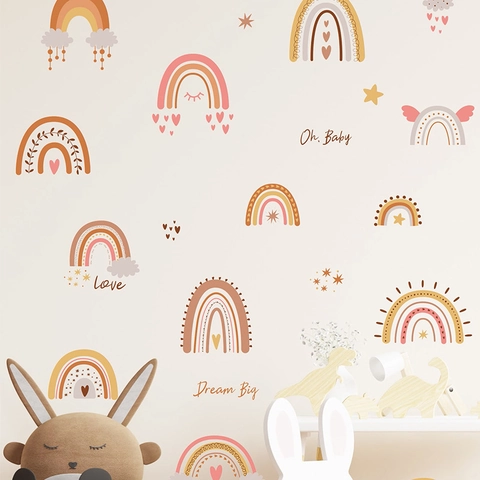 Bohemian Morandi Rainbow Wall Stickers For Kids Nursery Bedroom Decor Self Adhesive PVC Rainbow Heart Star Cloud Decal
