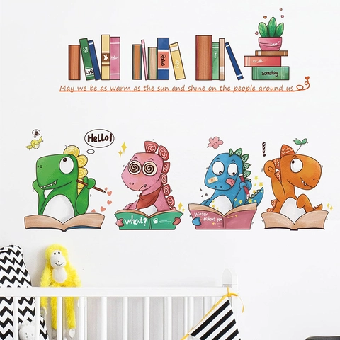 Cartoon Reading Dinosaur Wall Stickers For Kids Room Removable PVC Waterproof Self Adhesive Educational Wall Decal Art