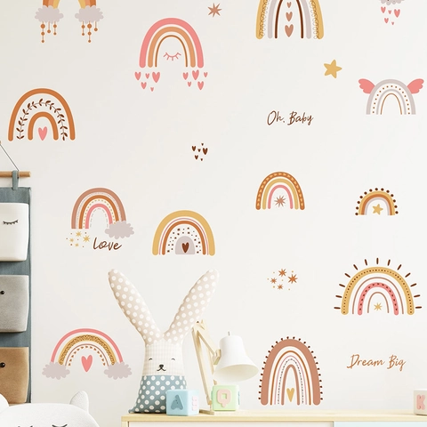 Bohemian Morandi Rainbow Wall Stickers For Kids Nursery Bedroom Decor Self Adhesive PVC Rainbow Heart Star Cloud Decal