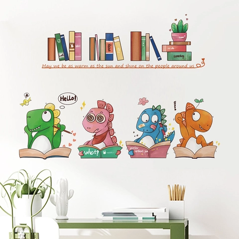 Cartoon Reading Dinosaur Wall Stickers For Kids Room Removable PVC Waterproof Self Adhesive Educational Wall Decal Art