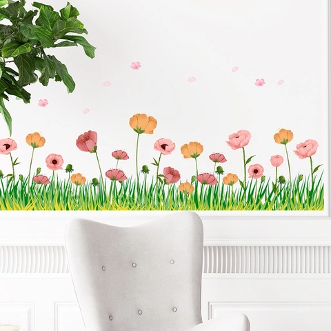 Pegatina de Pared para Rodapié de Flores y Hierba en Acuarela PVC Autoadhesivo Extraíble Mural Decorativo para Dormitorio