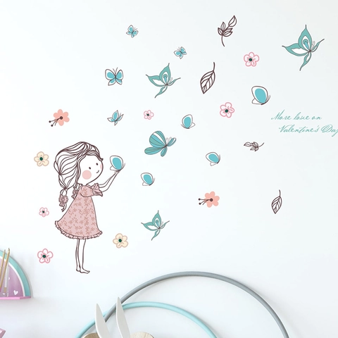 Cartoon Girl Butterfly Wall Sticker Removable PVC Valentine Day Home Decor For Kids Bedroom Nursery Kindergarten Wall Decal
