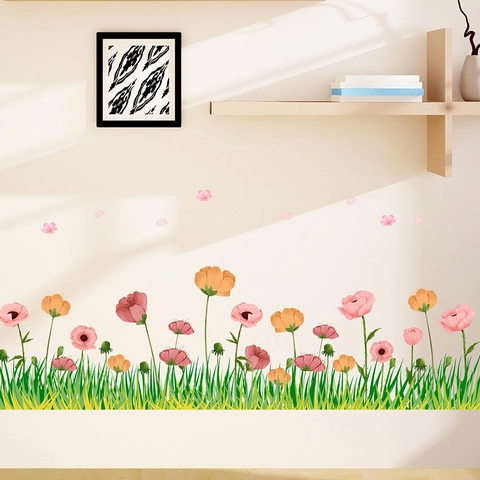 Pegatina de Pared para Rodapié de Flores y Hierba en Acuarela PVC Autoadhesivo Extraíble Mural Decorativo para Dormitorio