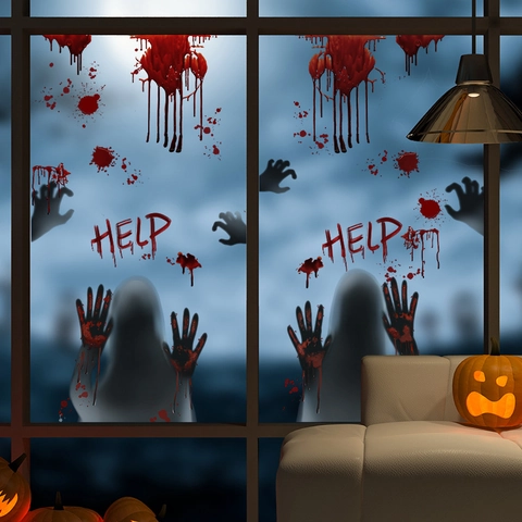 Halloween Spooky Bloody Handprint Wall Stickers Help Blood Splatter Window Decals For Bathroom Glass Party Horror Home Decor