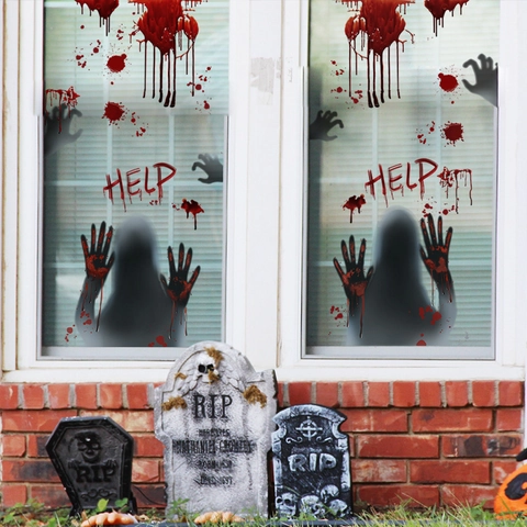 Halloween Spooky Bloody Handprint Wall Stickers Help Blood Splatter Window Decals For Bathroom Glass Party Horror Home Decor