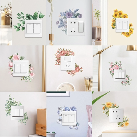 Adesivi per Interruttori della Luce con Fiori Botanici ad Acquerello Decalcomanie da Muro in PVC Rimovibili per Decorazioni Domestiche Rose Margherite