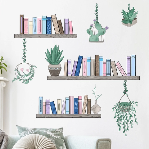 Pegatina de Pared de PVC Removible Estante Libros Plantas Verdes Estilo Dibujado a Mano Autoadhesivo Decoración Salón Dormitorio Mural