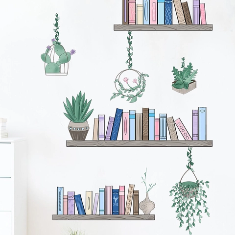 Pegatina de Pared de PVC Removible Estante Libros Plantas Verdes Estilo Dibujado a Mano Autoadhesivo Decoración Salón Dormitorio Mural