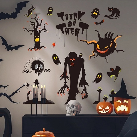 Adhesivos de Pared de Halloween Espeluznantes PVC Calabaza Esqueleto Árbol Muerto Calcomanías de Ventana Para Baño Hogar Fiesta