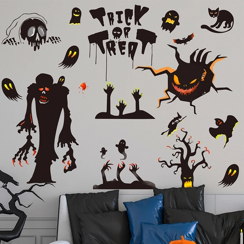 Adhesivos de Pared de Halloween Espeluznantes PVC Calabaza Esqueleto Árbol Muerto Calcomanías de Ventana Para Baño Hogar Fiesta