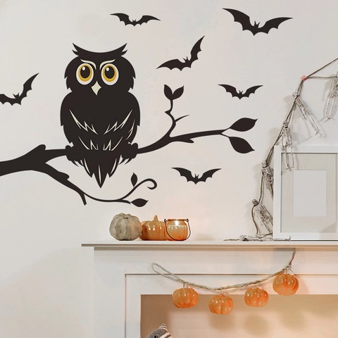 Halloween Owl Bat Tree Branch Wall Sticker PVC Removable Silhouette Decal For Window Bathroom Home Decor Party Supplies