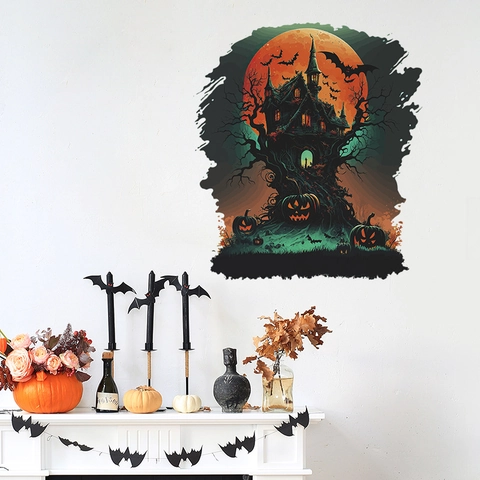 Halloween Wandtattoo Gruseliges Spukschloss Kürbislaterne Fledermaus Roter Mond Abnehmbares PVC Dekor DIY Party Wandbild