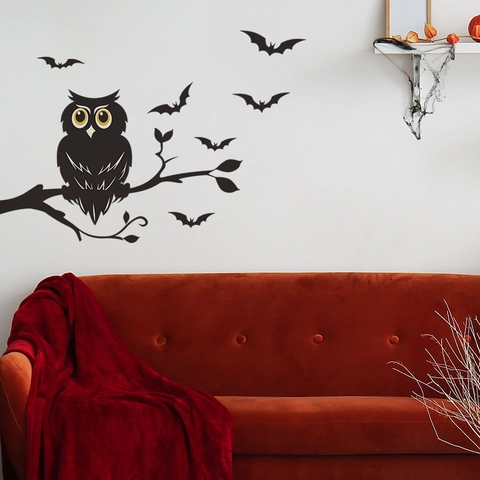Halloween Owl Bat Tree Branch Wall Sticker PVC Removable Silhouette Decal For Window Bathroom Home Decor Party Supplies