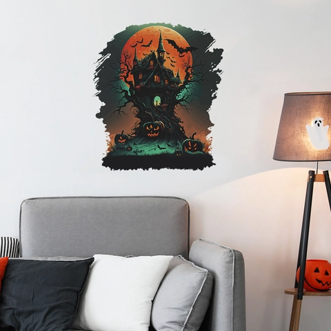 Halloween Wandtattoo Gruseliges Spukschloss Kürbislaterne Fledermaus Roter Mond Abnehmbares PVC Dekor DIY Party Wandbild