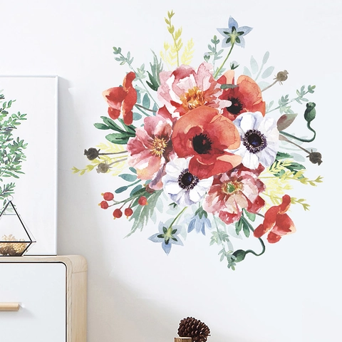 Stickers Muraux Fleurs Et Feuilles Aquarelle Pour Chambre Salon PVC Amovible Autocollant Art Décalcomanies Murales Maison