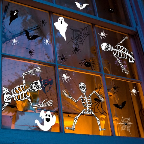 Halloween Wandaufkleber Skelett Fledermaus Spinne Geist PVC Fensterbilder Für Zuhause Glas Deko Grusel Cartoon Festliche DIY Deko